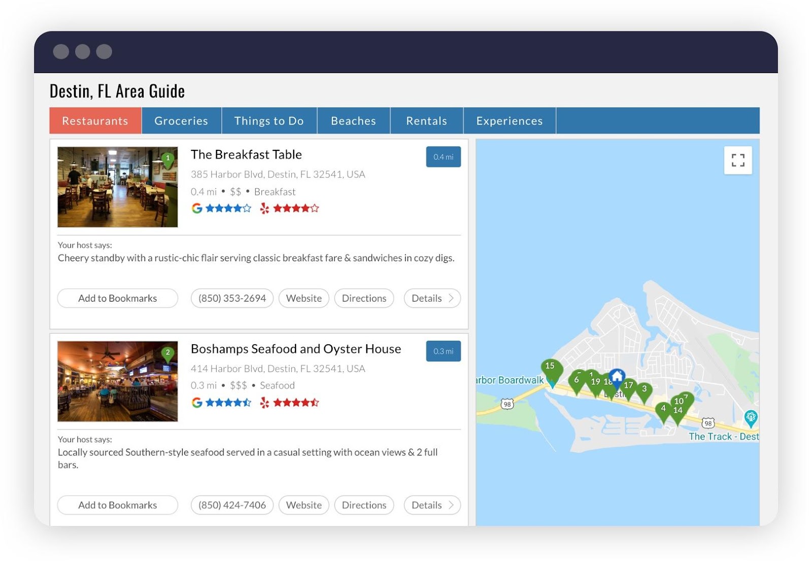 RueBaRue screenshot of local area guide as a vacation rental concierge service. 