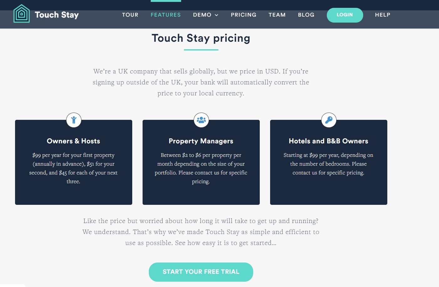 Screenshot of TouchStay Pricing