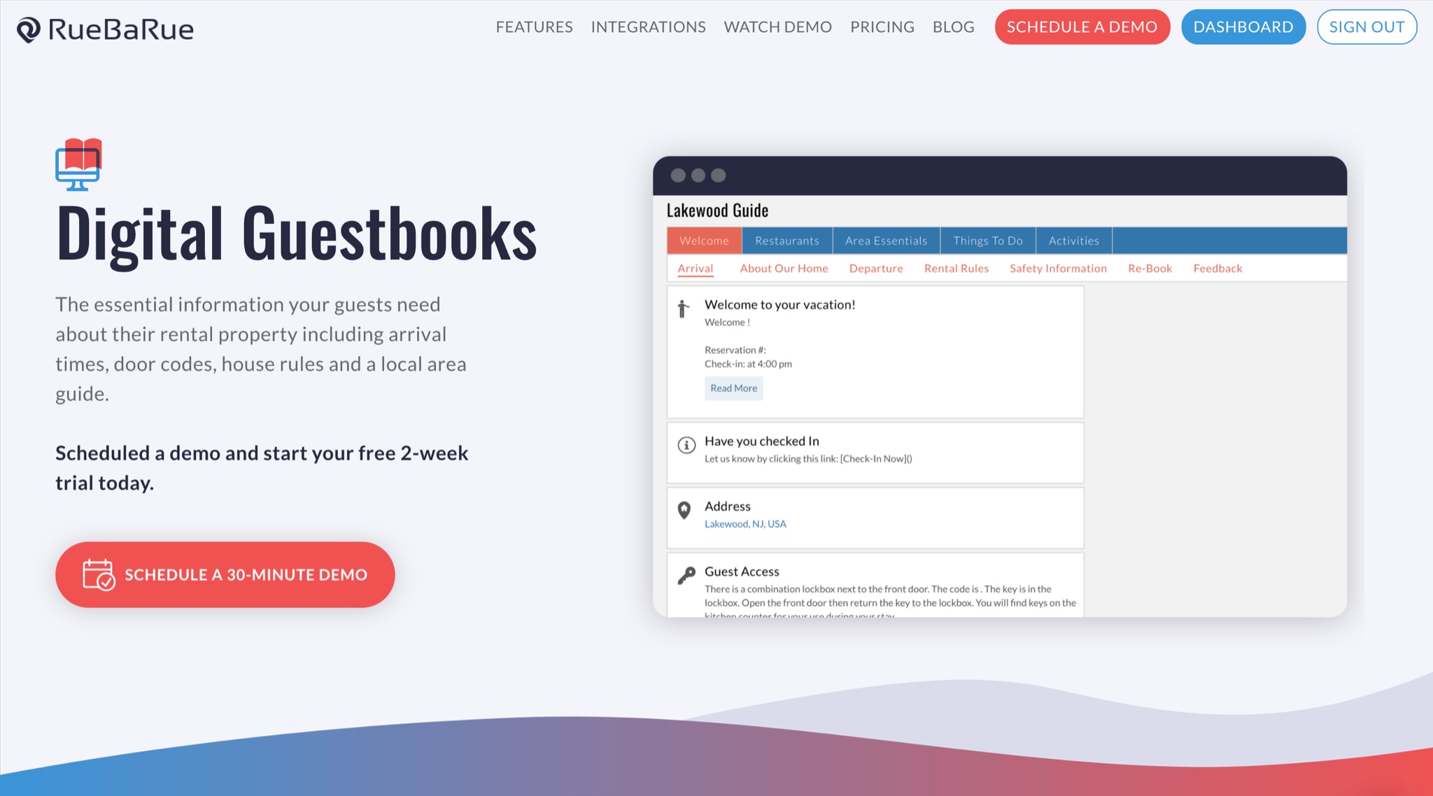 RueBaRue website screenshot showing the power of digital guestbooks