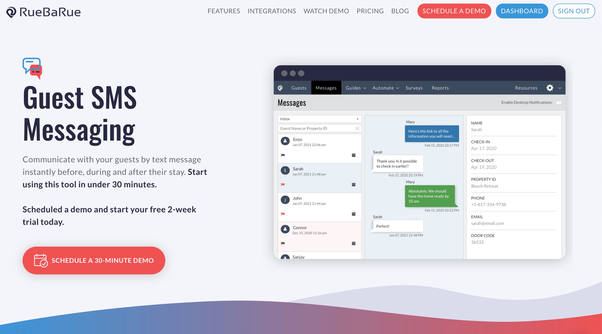RueBaRue Guest SMS Messaging
