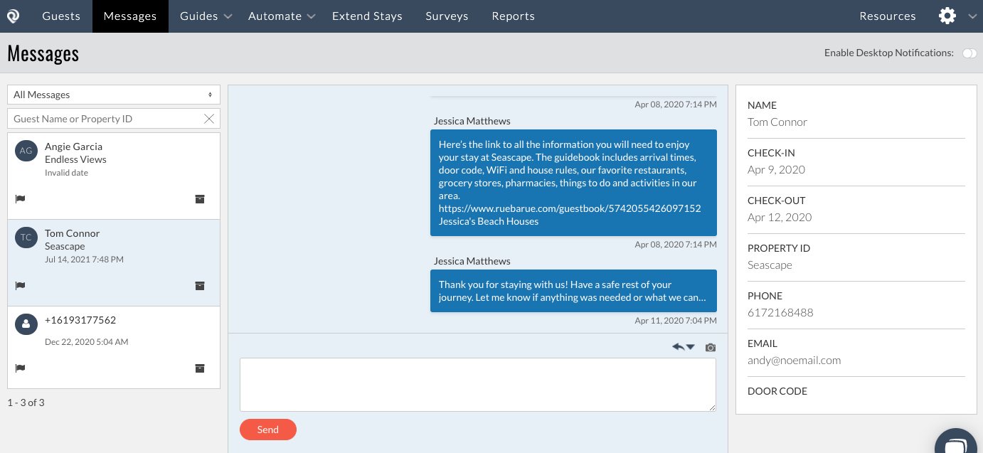 Preview of RueBaRue’s guest SMS messaging tool