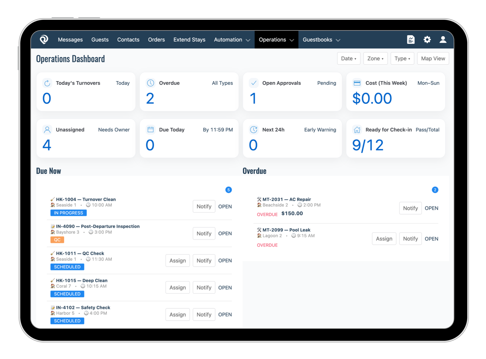 RueBaRue operations dashboard with arrival readiness and active work